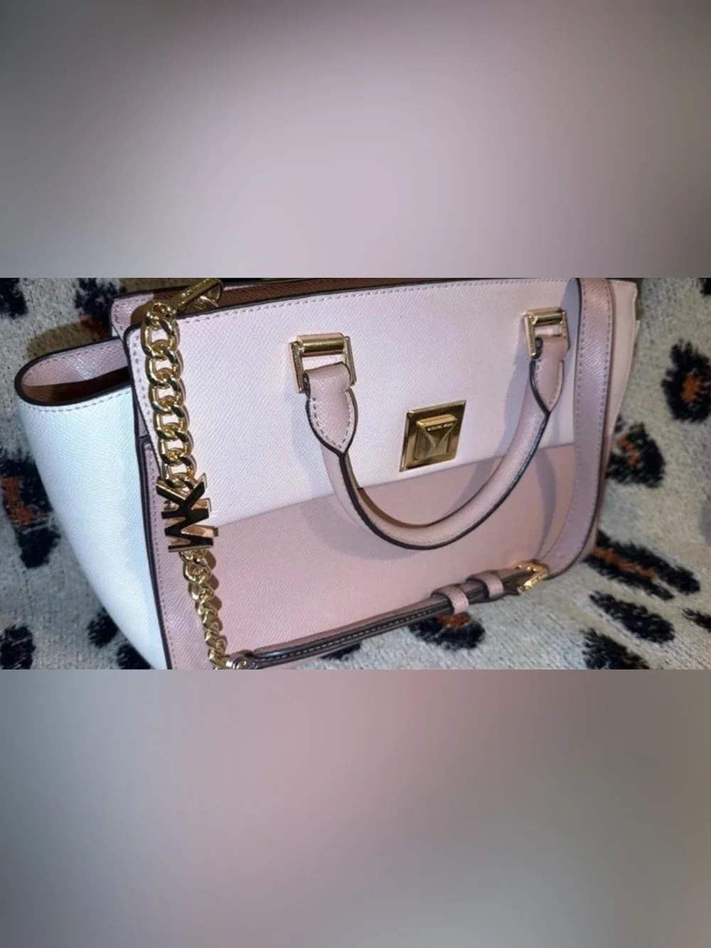 Michael Kors Pale Pink and White Saffiano Leather Satchel with Gold Chain